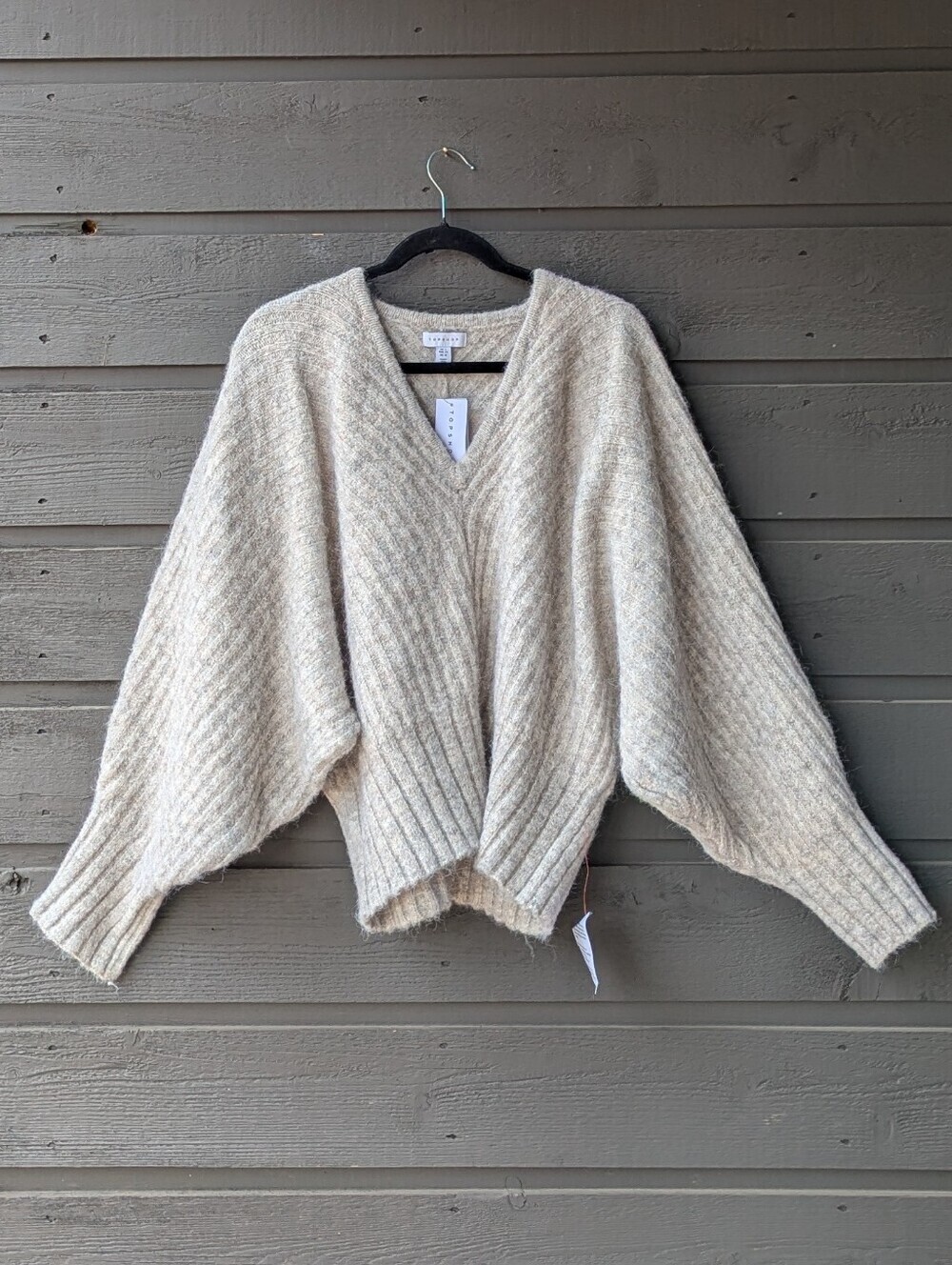NWT TopShop Cozy Plunge V-Neck Oatmeal Cream Cable Knit Women's Sweater Size 12
